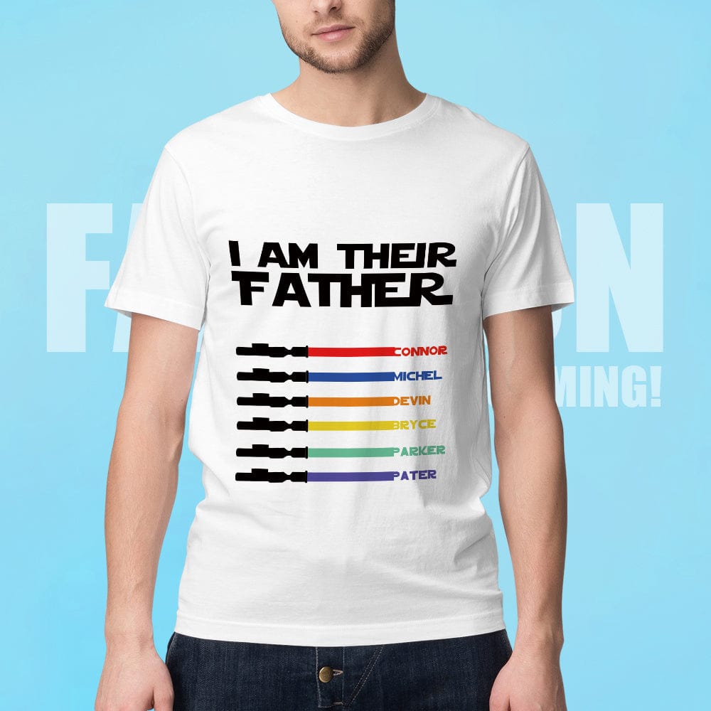 Model shot of dad in personalised light saber T-shirt showing how the custom name print sits on the chest