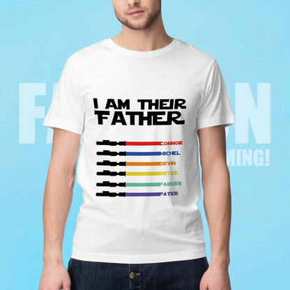 Model shot of dad in personalised light saber T-shirt showing how the custom name print sits on the chest