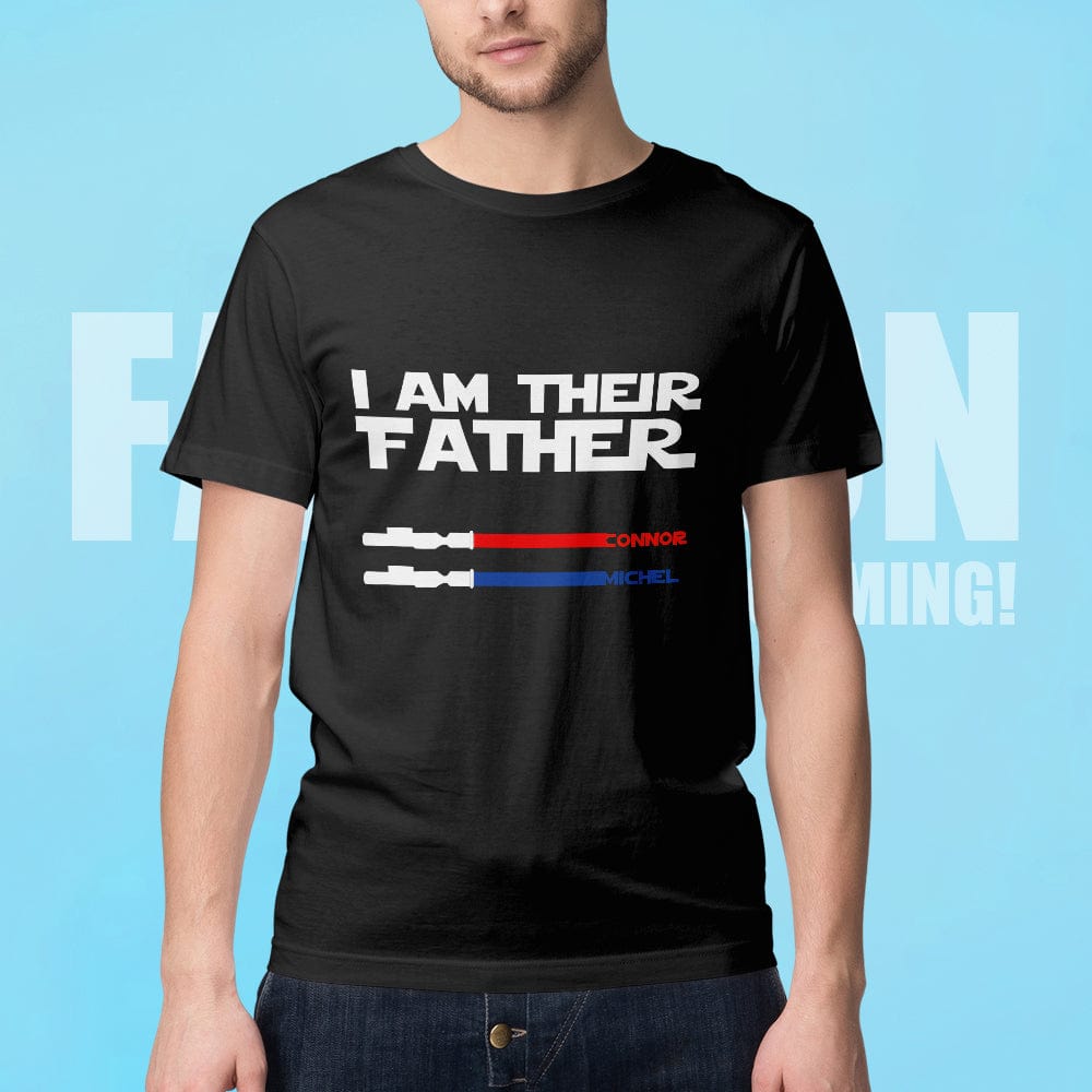 Flat lay of personalised I Am Their Father shirts in different colours showcasing customisable names