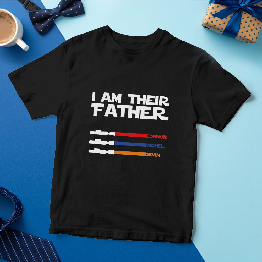 Pairing shot of dad tee with kids' names arranged on light saber graphic — personalised name gift idea for family