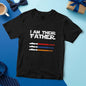 Pairing shot of dad tee with kids' names arranged on light saber graphic — personalised name gift idea for family