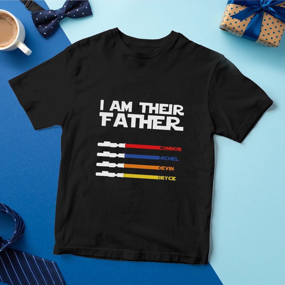 High-resolution product shot showing vibrant light saber print and crisp text on personalised dad T-shirt