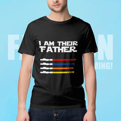 Detail of printed names along the light saber handle on personalised I Am Their Father T-shirt — up to 7 names customisable