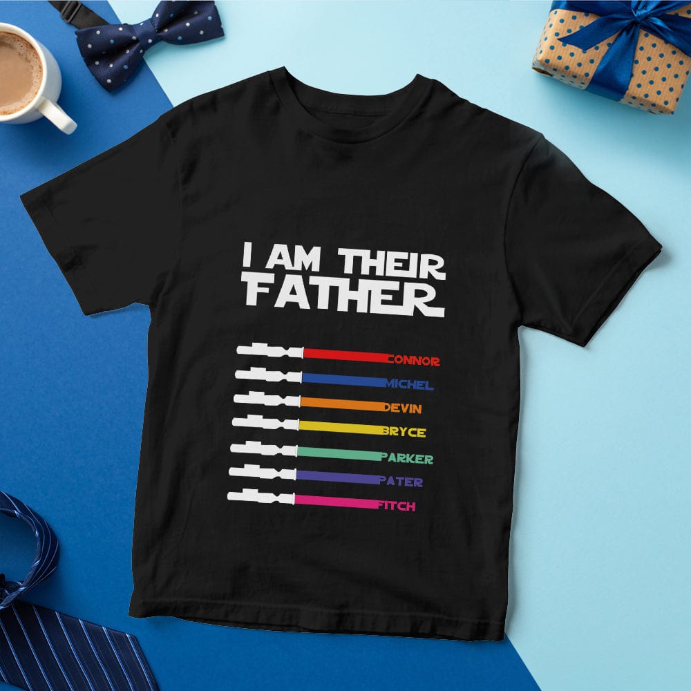 Lifestyle image of dad smiling in personalised light saber shirt — thoughtful custom Father's Day present