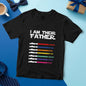 Lifestyle image of dad smiling in personalised light saber shirt — thoughtful custom Father's Day present