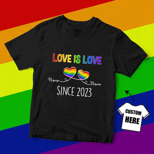 Front view of personalised LGBTQ T-shirt with rainbow print and custom text — personalised Pride shirt, LGBT gift for Pride Month