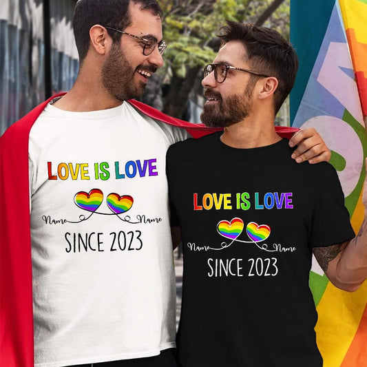 Front view of personalised LGBTQ T-shirt with rainbow print and custom text — personalised Pride shirt, LGBT gift for Pride Month