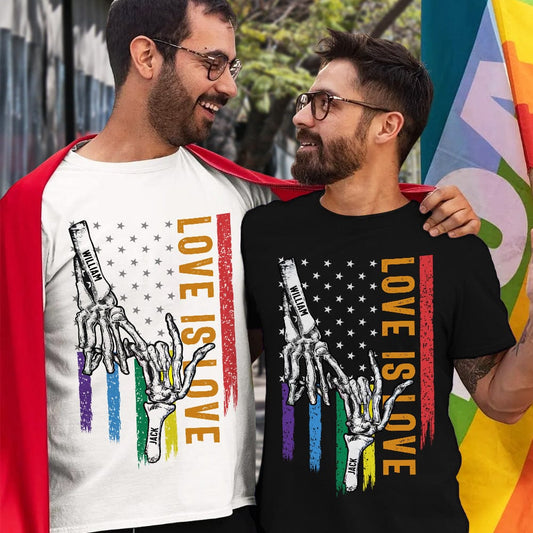 Close-up of custom name printed on rainbow flag motif – high‑resolution print detail on a personalised gay pride tee, durable double‑stitched finish