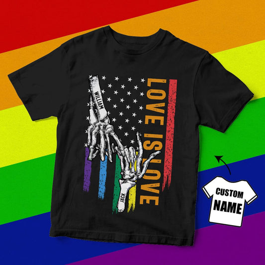 Close-up of custom name printed on rainbow flag motif – high‑resolution print detail on a personalised gay pride tee, durable double‑stitched finish