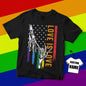 Close-up of custom name printed on rainbow flag motif – high‑resolution print detail on a personalised gay pride tee, durable double‑stitched finish