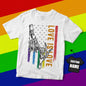 Close-up of custom name printed on rainbow flag motif – high‑resolution print detail on a personalised gay pride tee, durable double‑stitched finish