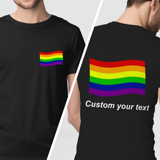 Front view of Personalised Gay Pride T-shirt with edge-to-edge LGBTQ rainbow flag print - custom pride tee ideal as a personalised Pride Month gift