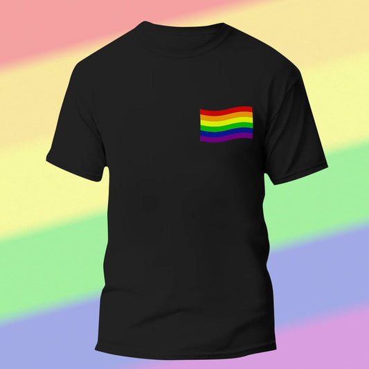 Front view of Personalised Gay Pride T-shirt with edge-to-edge LGBTQ rainbow flag print - custom pride tee ideal as a personalised Pride Month gift