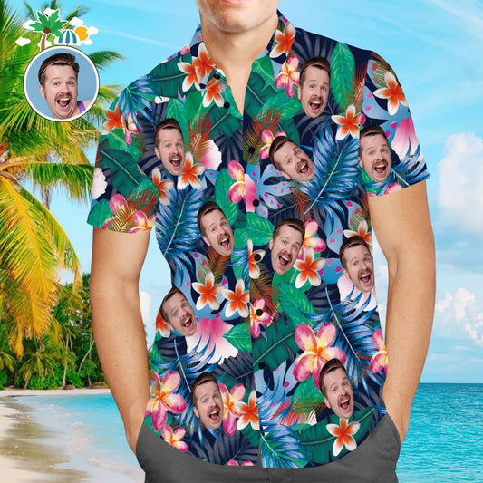 Custom Face Hawaiian Shirt showing personalised face photo on colourful all-over floral print — Aloha beach shirt for men, short-sleeve regular fit