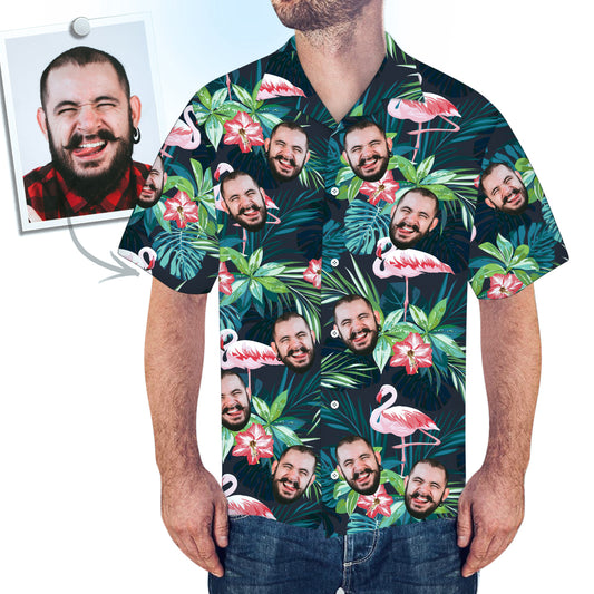 Personalised Face Hawaiian Shirt and Beach Shorts Set for men with your photo on flamingo and flower print — custom holiday outfit, sublimation print