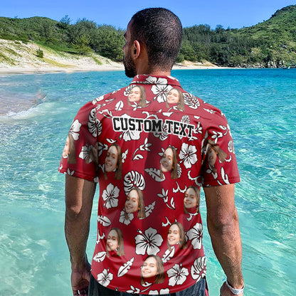 Custom Hawaiian Shirt red flowers with personalised face print – men's all-over print Aloha beach shirt, lightweight regular fit