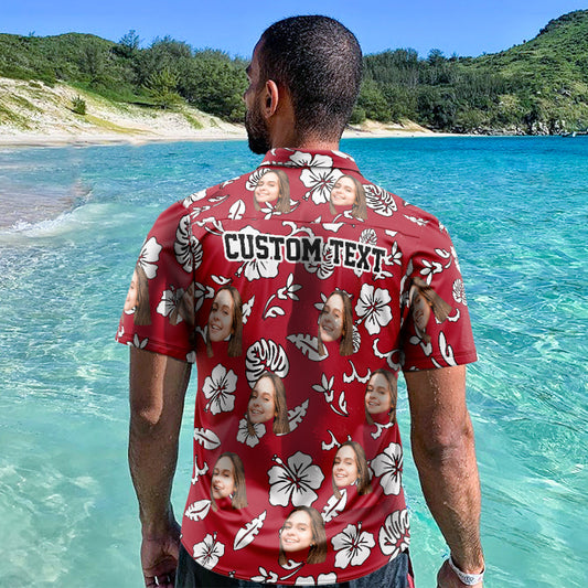 Custom Hawaiian Shirt red flowers with personalised face print – men's all-over print Aloha beach shirt, lightweight regular fit