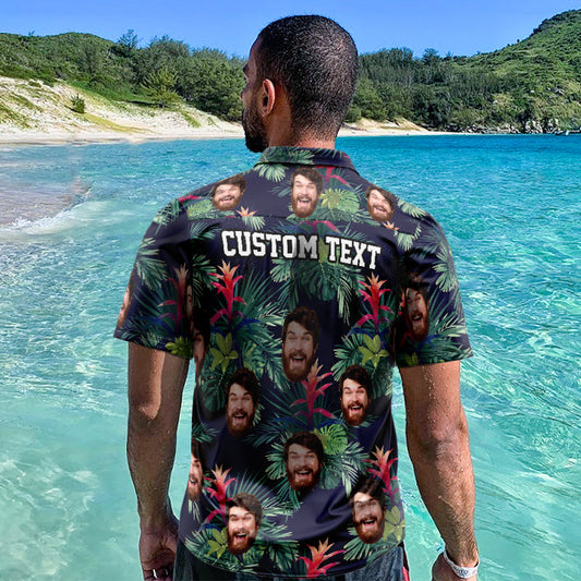 Personalised Hawaiian shirt with custom face all-over print and colourful leaves – men's Aloha beach shirt, lightweight polyester blend, regular fit, ideal personalised gift