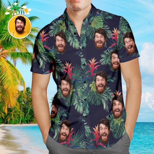 Personalised Hawaiian shirt with custom face all-over print and colourful leaves – men's Aloha beach shirt, lightweight polyester blend, regular fit, ideal personalised gift