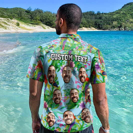 Custom Hawaiian shirt for men with personalised face all‑over Aloha print, lightweight 95% polyester/5% spandex, regular fit