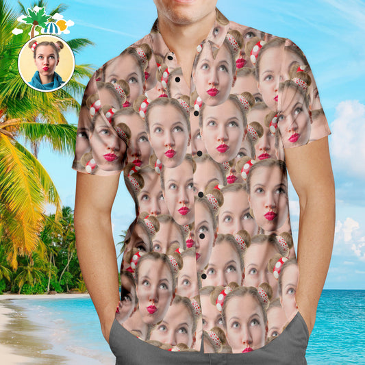Personalised custom face men's Hawaiian shirt — all-over photo print front view with lapel collar, short sleeves and button-front; ideal personalised summer gift for him
