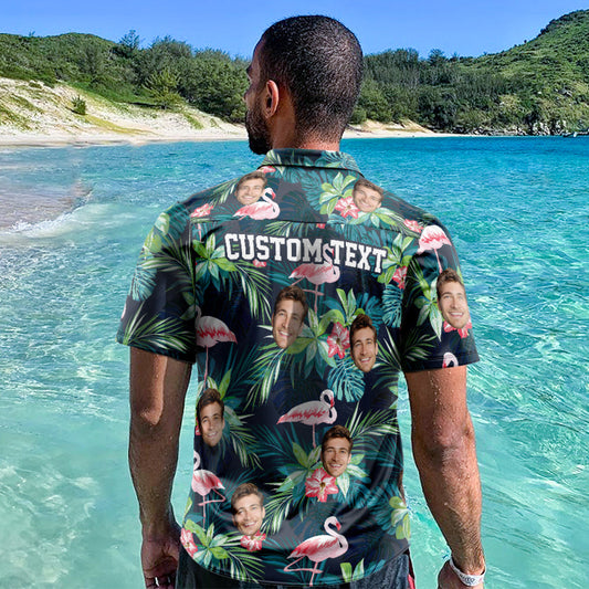 Personalised custom face Hawaiian shirt for men with colourful flamingo Aloha all‑over print, short‑sleeve regular‑fit beach shirt