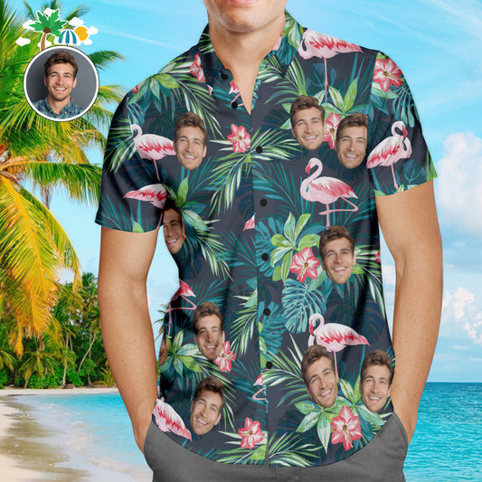 Personalised custom face Hawaiian shirt for men with colourful flamingo Aloha all‑over print, short‑sleeve regular‑fit beach shirt