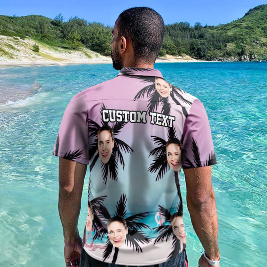 Custom Face Hawaiian Shirt – personalised Aloha beach shirt for men with coconut tree and sea all-over print, ideal personalised photo gift