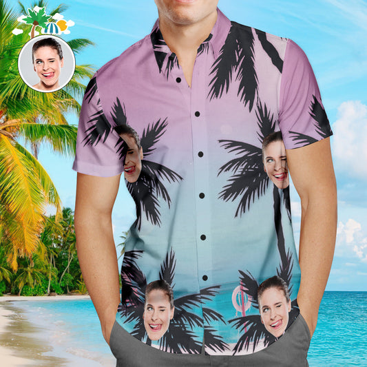 Custom Face Hawaiian Shirt – personalised Aloha beach shirt for men with coconut tree and sea all-over print, ideal personalised photo gift