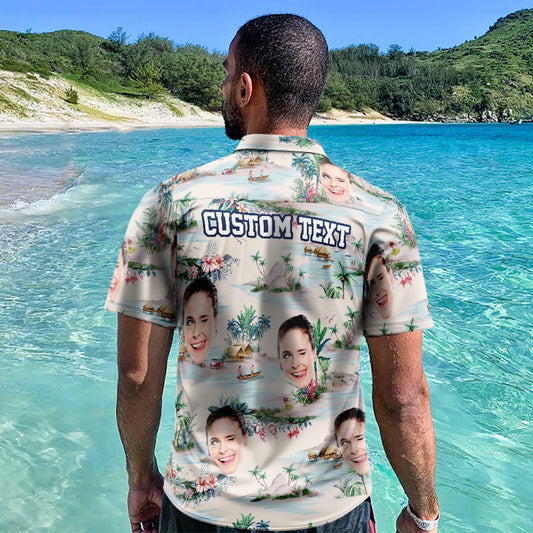 Custom Hawaiian shirt featuring personalised face with mountains and rivers Aloha print — men's all‑over print, lightweight polyester‑spandex blend, ideal personalised photo gift