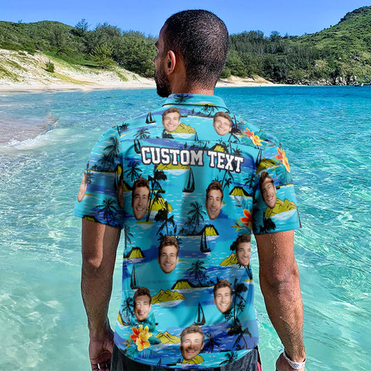 Custom Face Beach Shirt front view showing all‑over print summer Hawaiian shirt for men personalised with your photo