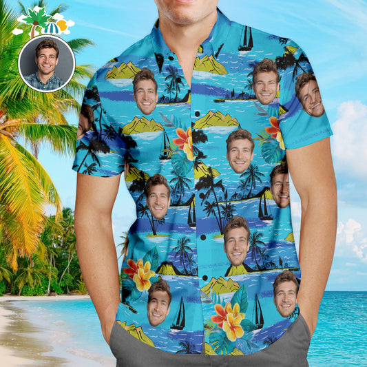 Custom Face Beach Shirt front view showing all‑over print summer Hawaiian shirt for men personalised with your photo