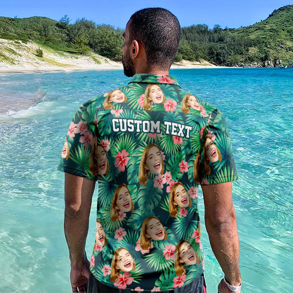 Men's personalised red flower Hawaiian shirt – front view of custom Aloha beach shirt with full‑print photo preview, perfect personalised gift