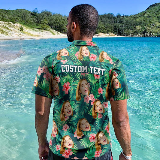 Men's personalised red flower Hawaiian shirt – front view of custom Aloha beach shirt with full‑print photo preview, perfect personalised gift
