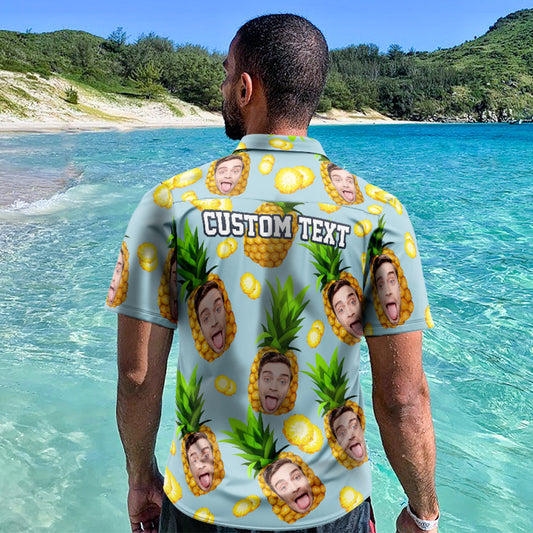Personalised blue pineapple Hawaiian shirt for men — custom face all-over print Aloha beach shirt in lightweight polyester-spandex, ideal personalised gift