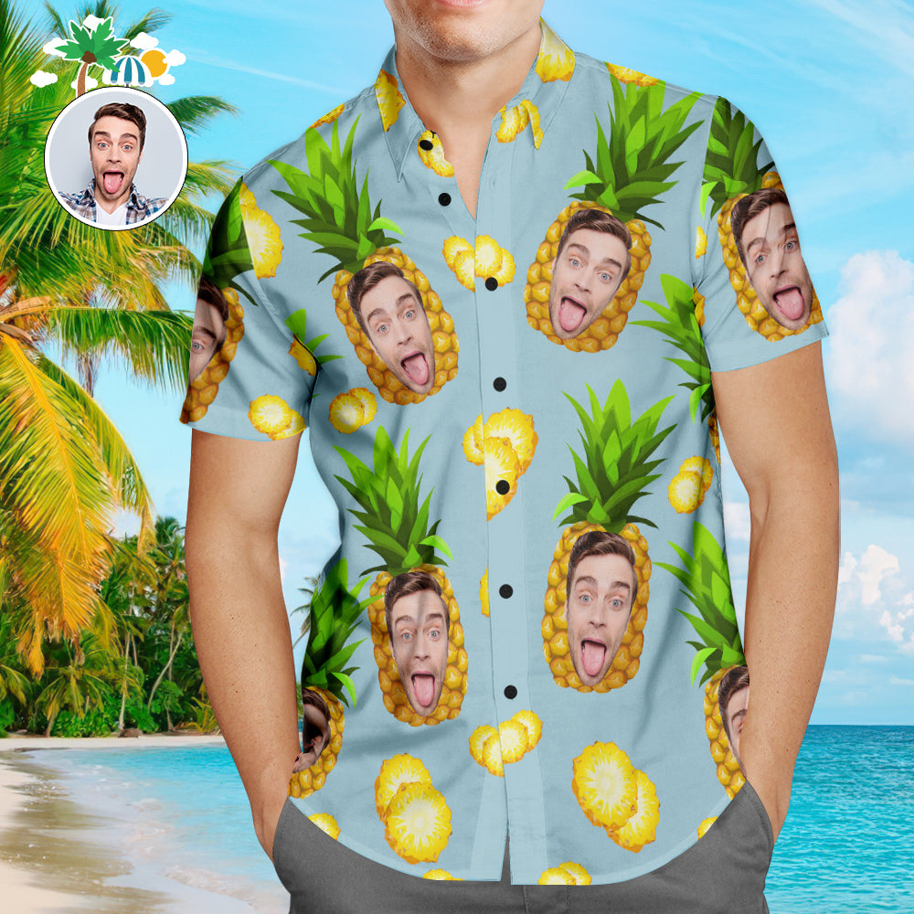 Men's size chart for personalised blue pineapple Hawaiian shirt — measurement guide S to XXXXXL for selecting the correct custom Aloha beach shirt size