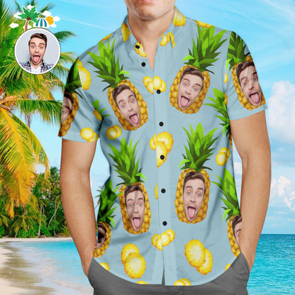 Men's size chart for personalised blue pineapple Hawaiian shirt — measurement guide S to XXXXXL for selecting the correct custom Aloha beach shirt size