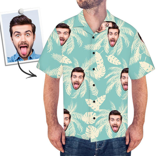 Personalised Face Hawaiian Shirt with tropical leaves all-over print — lightweight 97% polyester, 3% spandex beach shirt; custom personalised gift for men and women