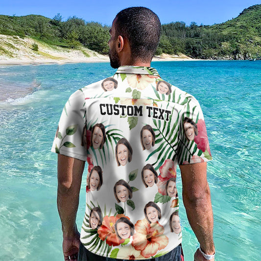 Front view of men's personalised face Hawaiian shirt – custom Aloha beach shirt with all-over photo print