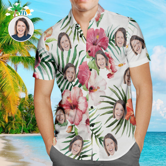 Front view of men's personalised face Hawaiian shirt – custom Aloha beach shirt with all-over photo print