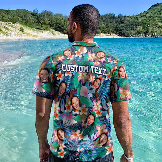 Custom Face Hawaiian Shirt showing personalised face photo on colourful all-over floral print — Aloha beach shirt for men, short-sleeve regular fit