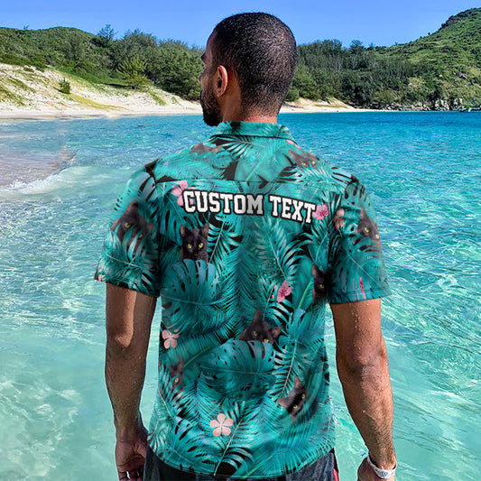 Custom Black Cat Hawaiian Shirt personalised all-over print aloha beach shirt for men featuring bold black cat motif front view