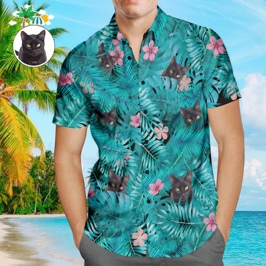 Custom Black Cat Hawaiian Shirt personalised all-over print aloha beach shirt for men featuring bold black cat motif front view