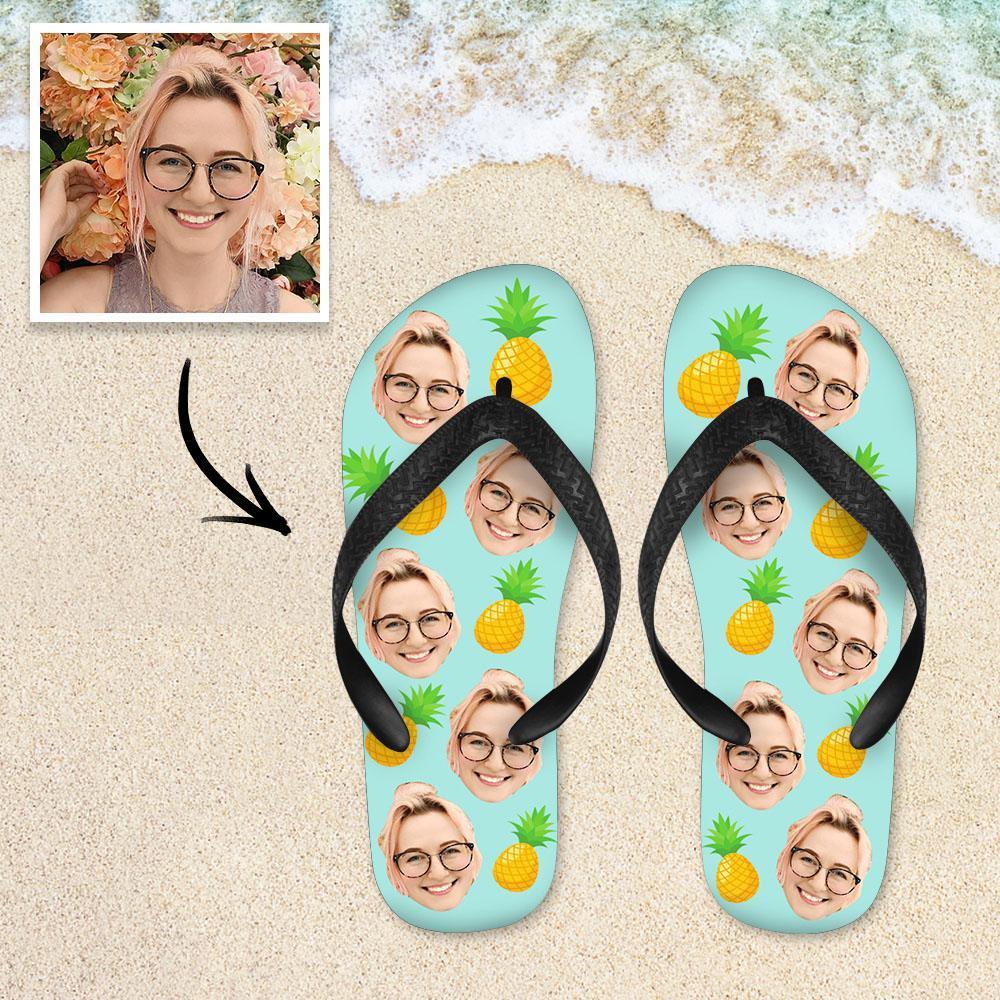 Custom Face Flip Flops — personalised pineapple beach sandals with two different custom face photos printed on soft PVC footbeds, top view