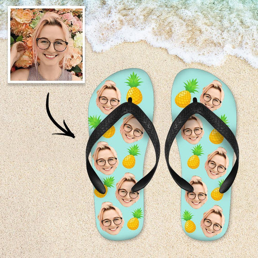 Custom Face Flip Flops — personalised pineapple beach sandals with two different custom face photos printed on soft PVC footbeds, top view