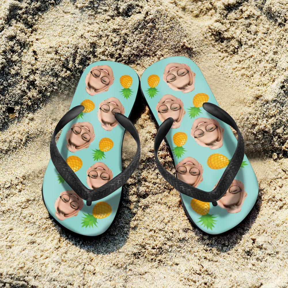 Detail of anti-slip, wear-resistant sole on personalised pineapple beach sandals highlighting resilient shape-retaining PVC for custom photo flip flops