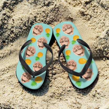 Detail of anti-slip, wear-resistant sole on personalised pineapple beach sandals highlighting resilient shape-retaining PVC for custom photo flip flops