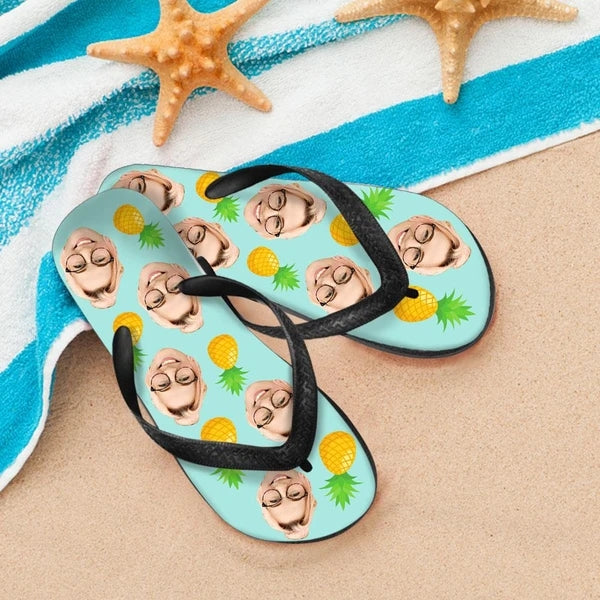 Close-up of personalised pineapple sandals showing high-definition custom photo printing and comfortable stable buckle strap on personalised flip flops