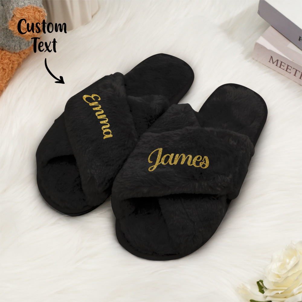 Side profile of personalised fluffy cross slippers showing cushioned sole and easy slip-on style for comfortable wedding day wear