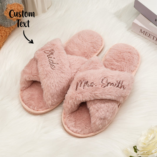 Personalised Fluffy Cross Slippers - top view showing soft fur cross strap and slip-on design, ideal bride and bridesmaid gift for wedding mornings and hen parties